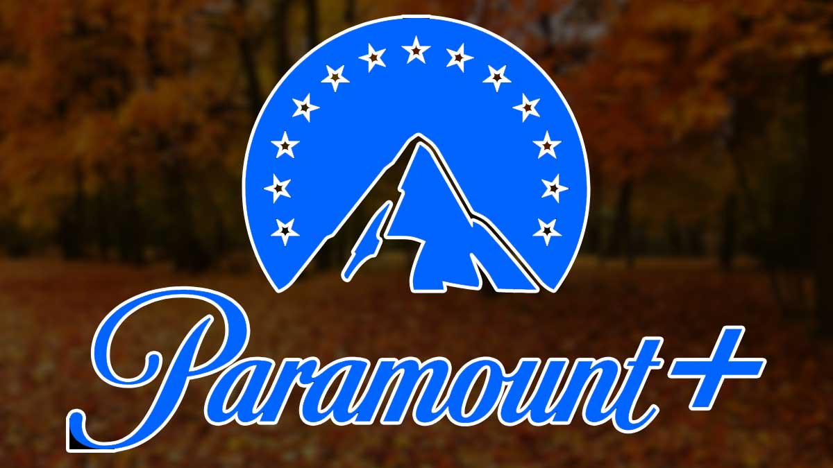 Paramount+ logo in front of fall leaves background to represent September.