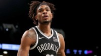 Mar 28, 2025; Brooklyn, New York, USA; Brooklyn Nets center Nic Claxton (33) reacts during the first quarter against the Los Angeles Clippers at Barclays Center. Mandatory Credit: Brad Penner-Imagn Images