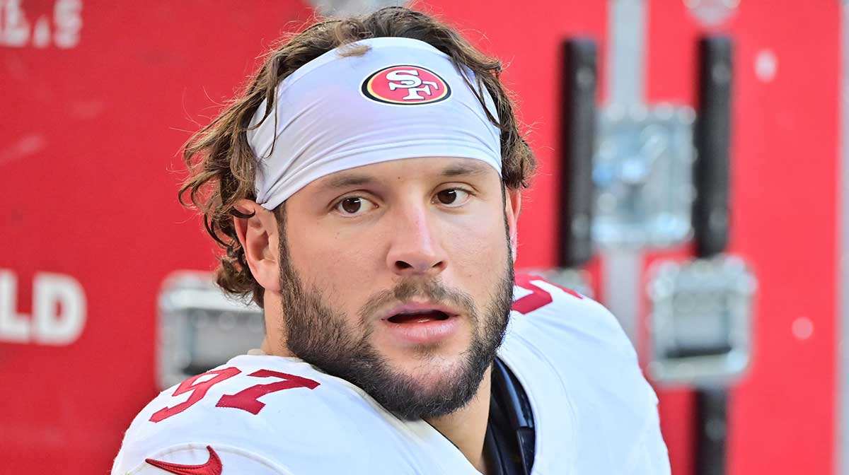 San Francisco 49ers defensive end Nick Bosa (97) looks on in the first half against the Arizona Cardinals at State Farm Stadium.