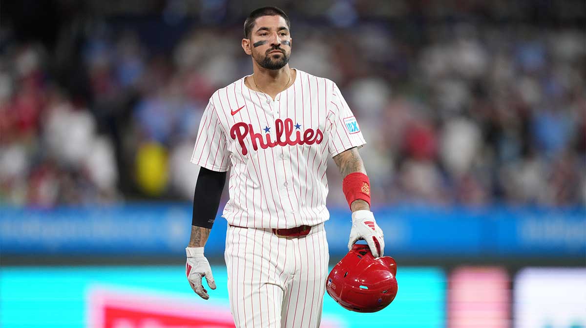 Philadelphia Phillies outfielder Nick Castellanos (8) looks on against the Atlanta Braves in the tenth inning at Citizens Bank Park.
