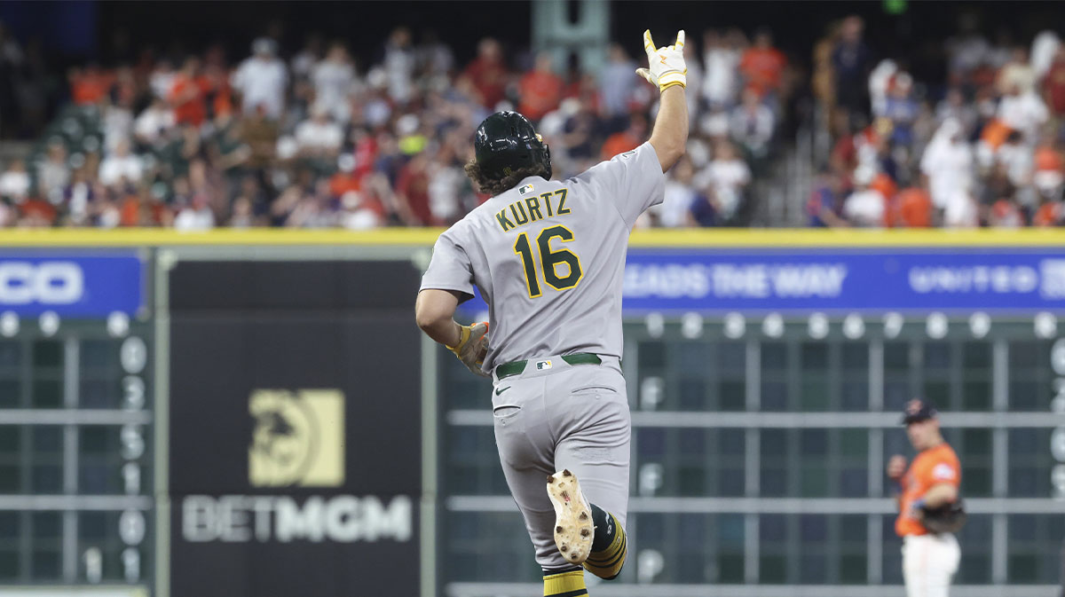 Jul 25, 2025; Houston, Texas, USA; Athletics designated hitter Nick Kurtz (16) celebrates after hitting a home run during the sixth inning against the Houston Astros at Daikin Park. 