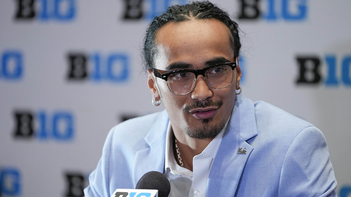 UCLA quarterback Nico Iamaleava speaks to the media during the Big Ten NCAA college football media days at Mandalay Bay Resort.