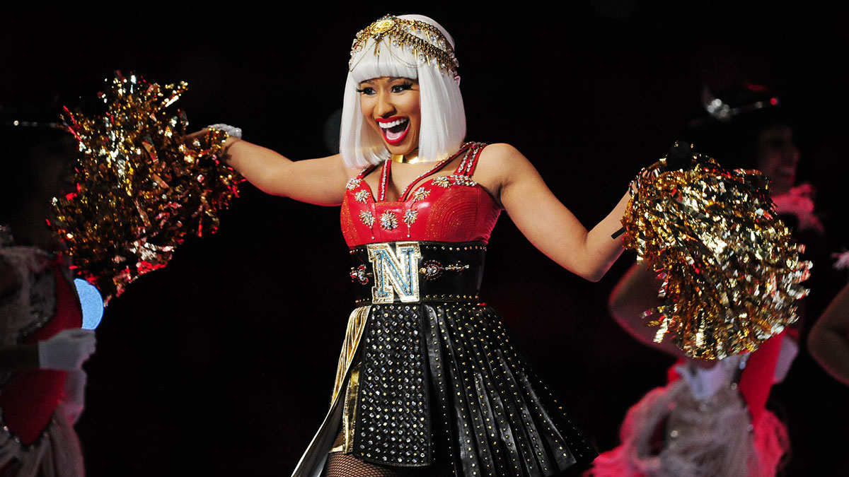 Recording artists Nicki Minaj performs with Madonna (not pictured) during the halftime show for Super Bowl XLVI between the New York Giants and New England Patriots at Lucas Oil Stadium.