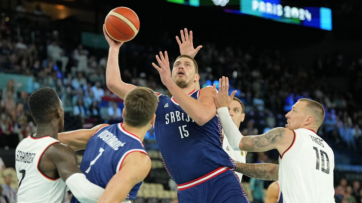 Serbia power forward Nikola Jokic (15) shoots the ball against Germany in the men's basketball bronze medal game during the Paris 2024 Olympic Summer Games at Accor Arena.