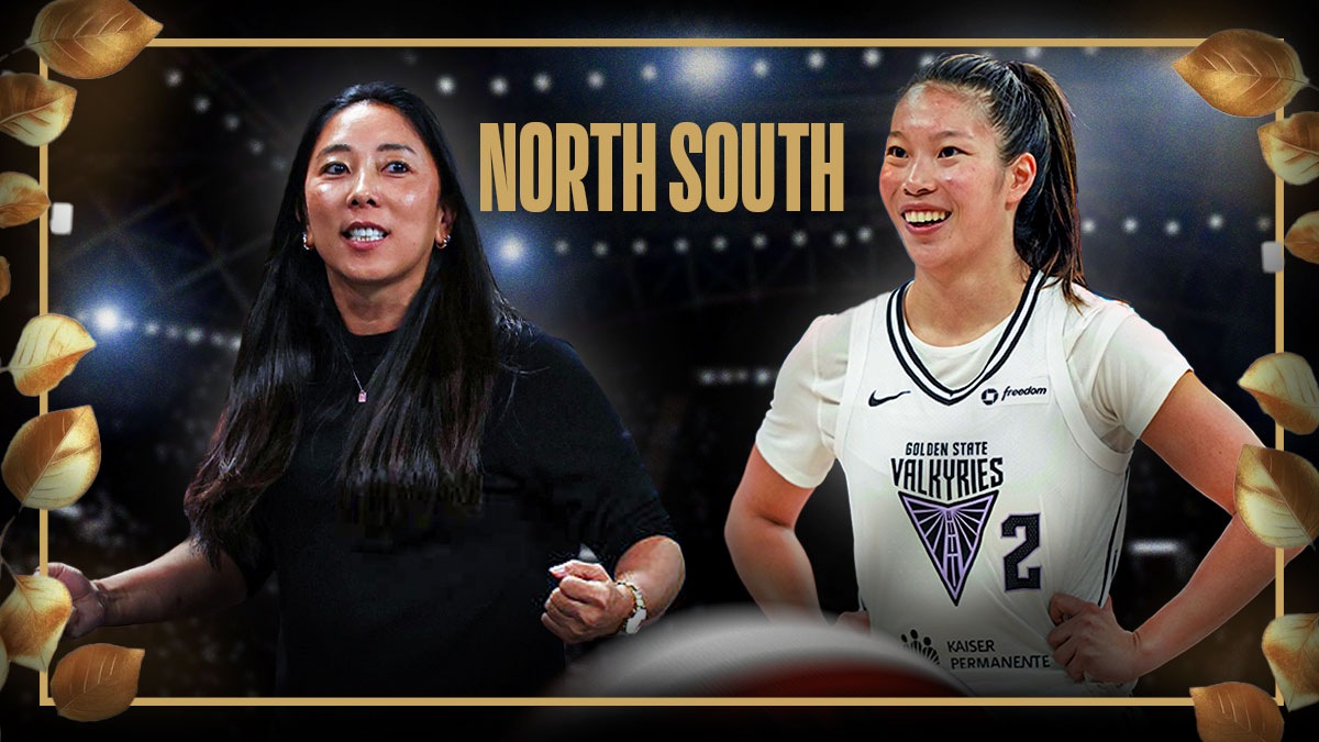 Valkyries Natalie Nakase and Kaitlyn Chen with gold leaf around the edges of the thumbnail and the words "NORTH SOUTH" in the background behind them.