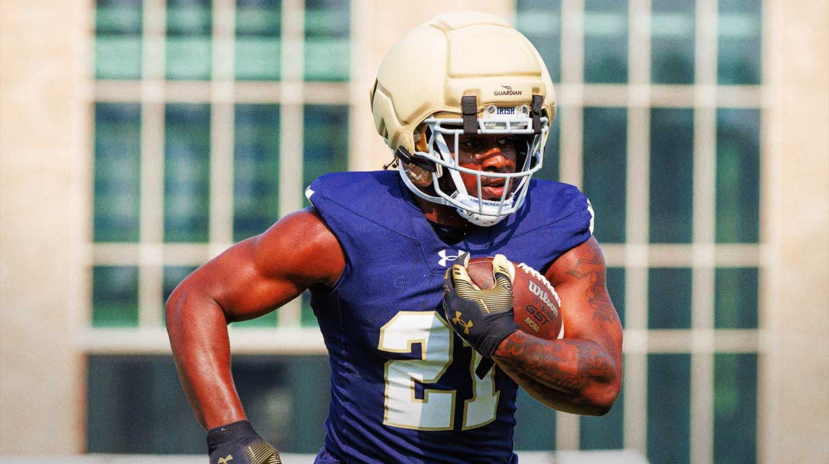 Notre Dame running back Kedren Young runs the ball during a football practice at Irish Athletic Center on Friday, Aug. 1, 2025, in South Bend.