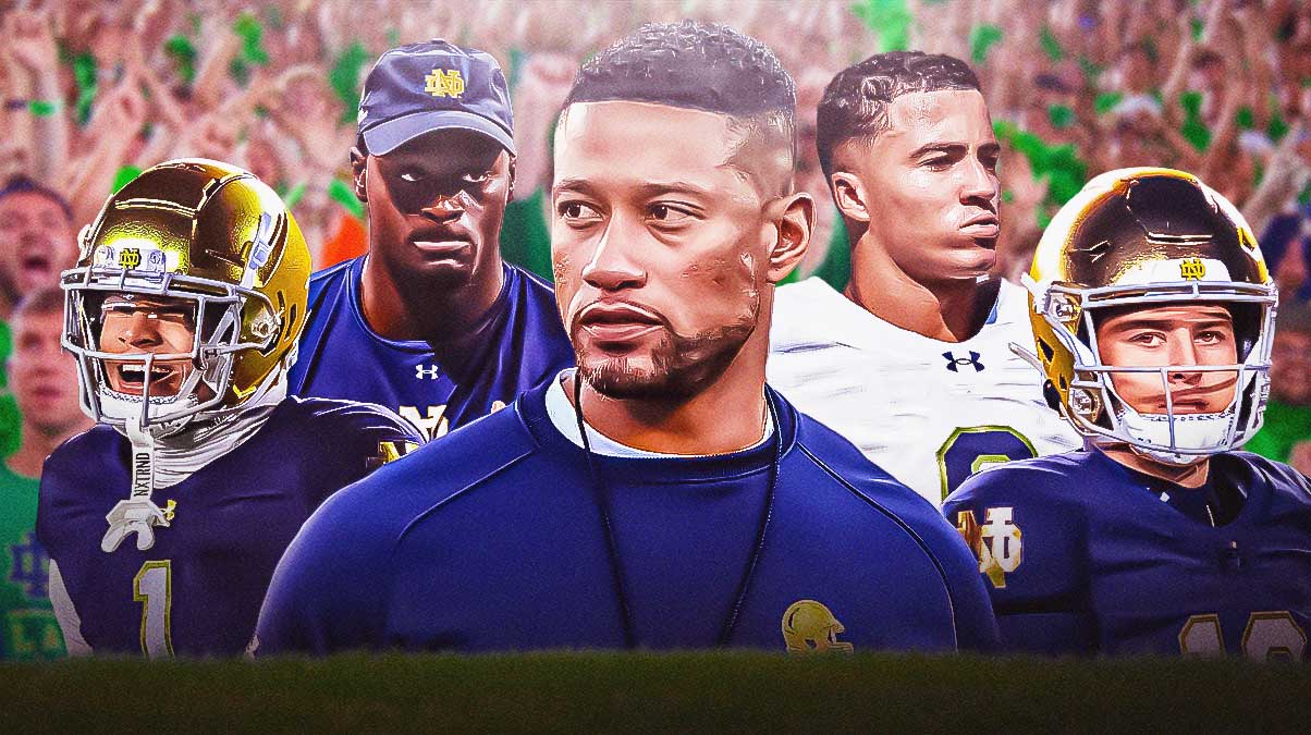 Head coach Marcus Freeman in the middle, CJ Carr, Jeremiyah Love, Jordan Faison, Jaden Greathouse around him, Notre Dame football fans in the background