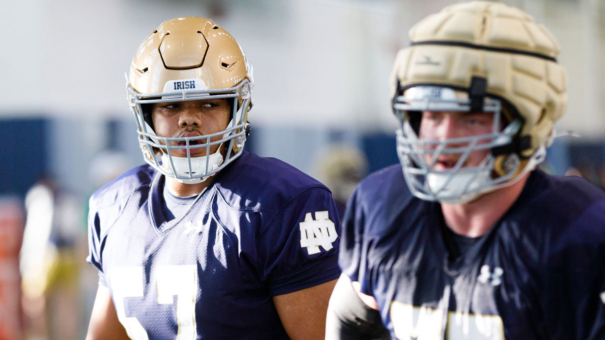 Notre Dame offensive linemen Cam Herron (57) and Peter Jones (77) during a Notre Dame football spring practice at Irish Athletic Center on Wednesday, March 19, 2025, in South Bend