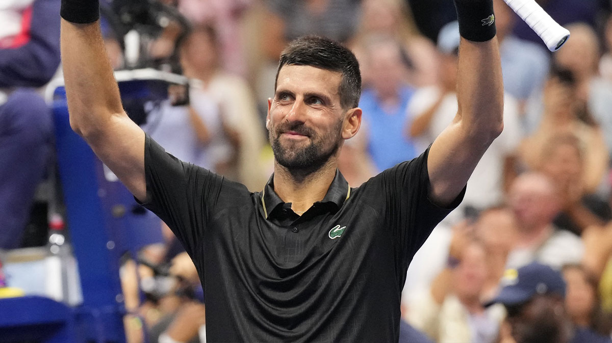 Novak Djokovic (SRB) after beating Learner Tien (USA) on day one of the 2025 U.S. Open tennis tournament at the USTA Billie Jean King National Tennis Center.