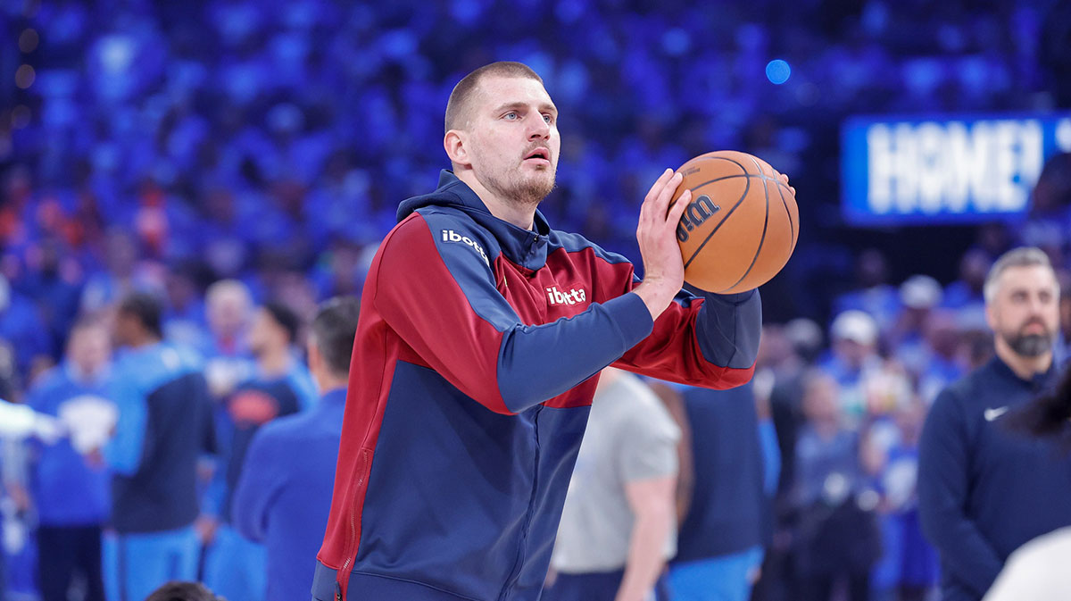 Nuggets center Nikola Jokic (15) warms up before game seven of the second round against the Oklahoma City Thunder for the 2025 NBA Playoffs at Paycom Center