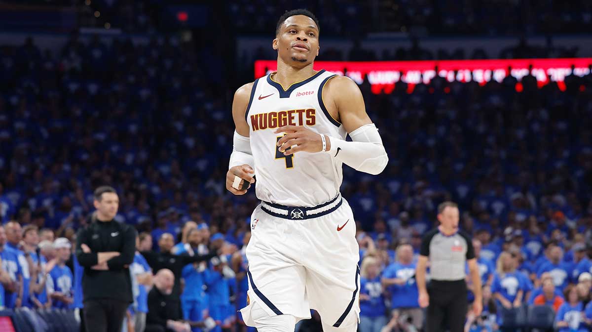 Denver Nuggets guard Russell Westbrook (4) runs down the court against the Oklahoma City Thunder in the second quarter during game seven of the second round for the 2025 NBA Playoffs at Paycom Center.