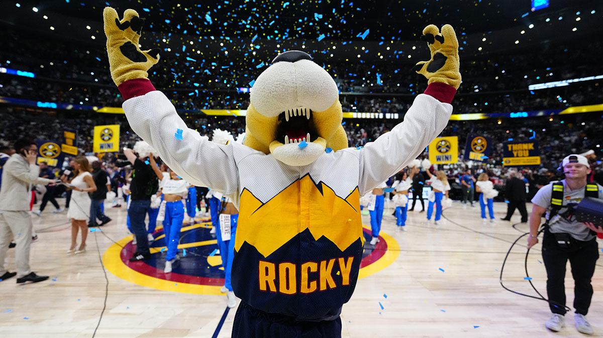 Denver Nuggets mascot Rocky celebrates the win over the LA Clippers following game seven of first round for the 2025 NBA Playoffs at Ball Arena.
