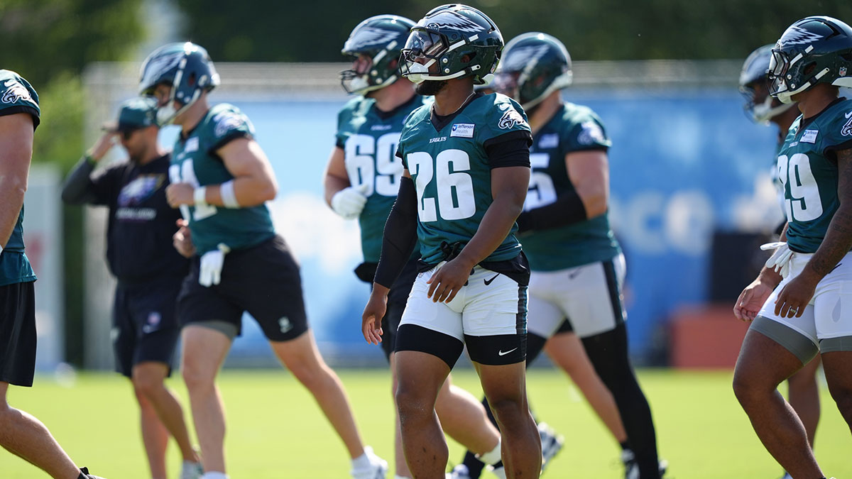 Philadelphia Eagles running back Saquon Barkley (26) warms up during training camp at NovaCare Complex.