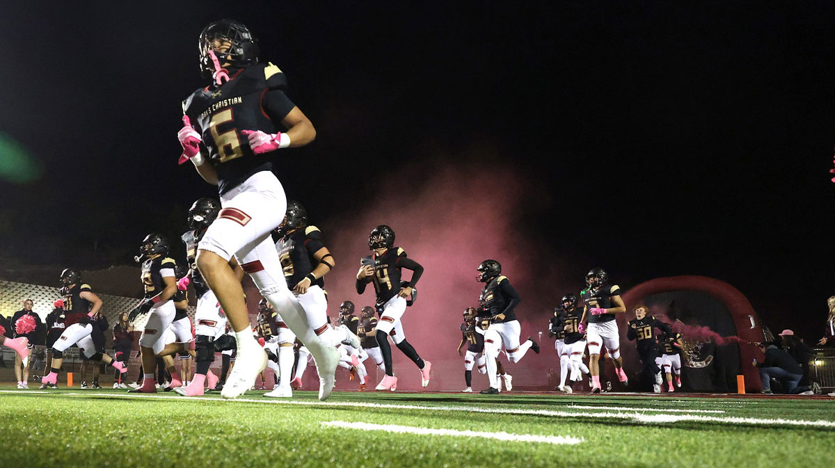 Oaks Christian takes the field at the start of their Marmonte League football game against St. Bonaventure that was played on October 18, 2024 at Oaks Christian's Redell Field in Westlake Village.