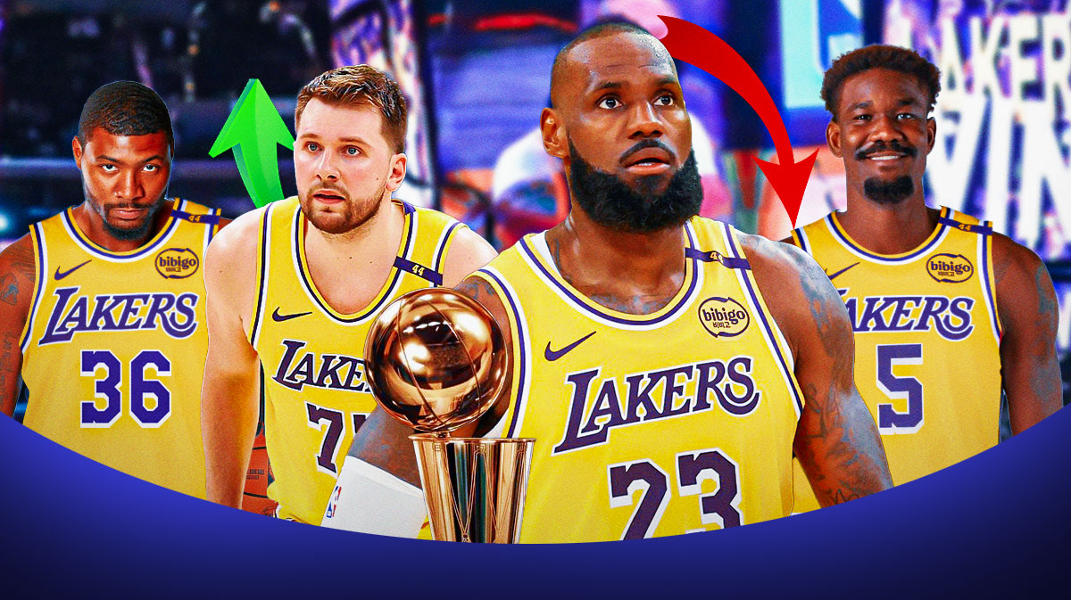 Lakers' LeBron James and Luka Doncic next to NBA championship with Deandre Ayton and Marcus Smart