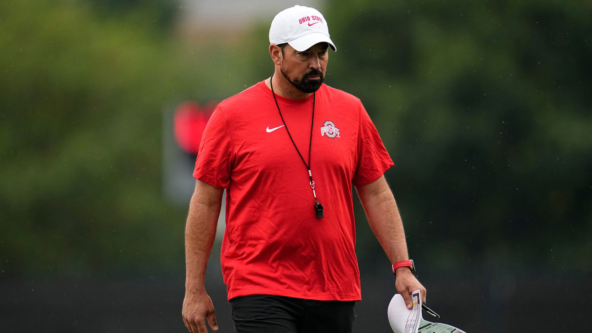 Ohio State Buckeyes head coach Ryan Day leads the first football practice of the season at the Woody Hayes Athletic Center