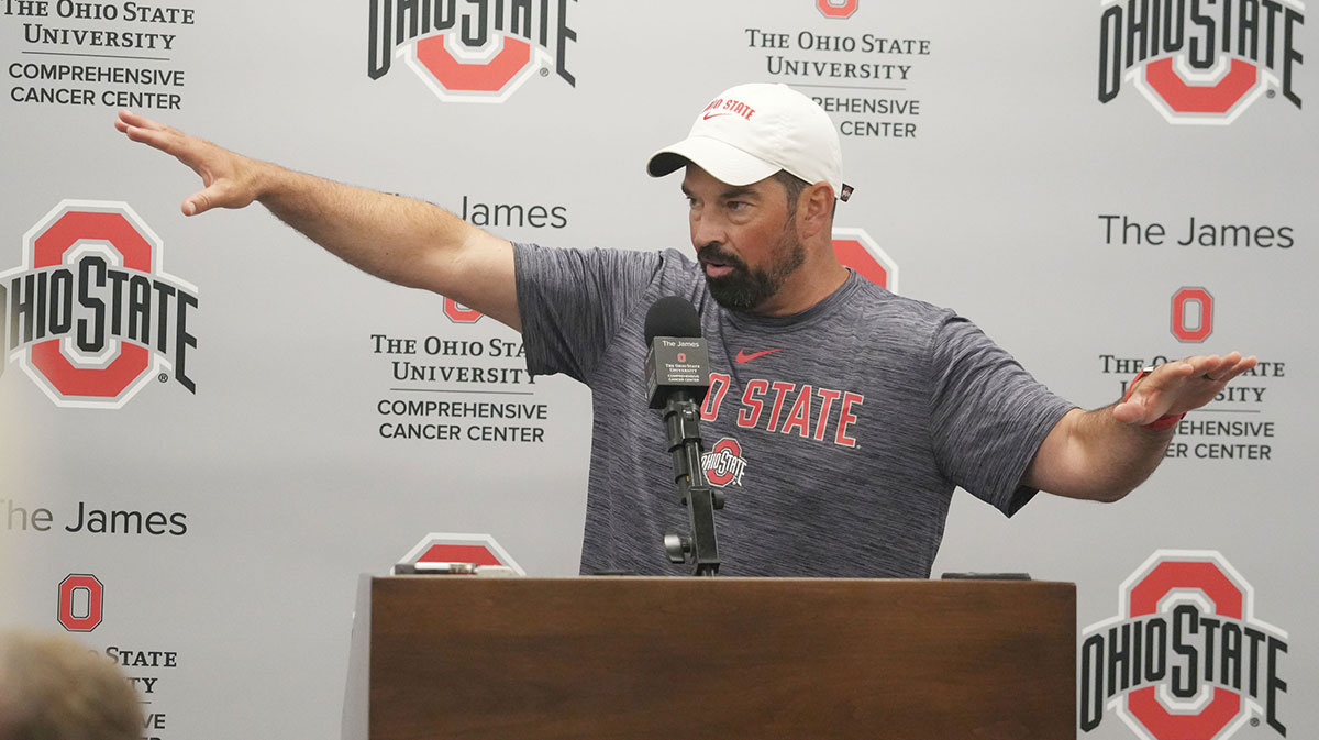 Ohio State football coach Ryan Day talks during the Ohio State football coaches news conference August 18, 2025 at the Woody Hayes Athletic Center in Columbus, Ohio. Coaches answering questions were Day, Matt Patricia and Brian Hartline.