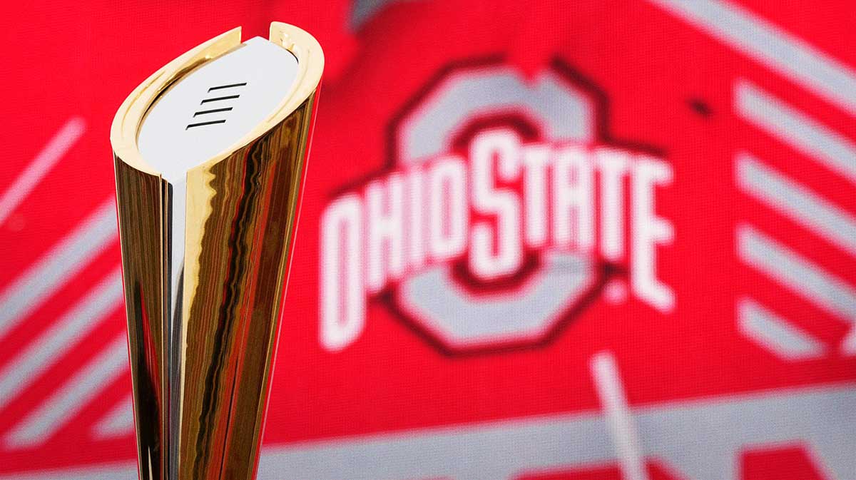 The championship trophy sits on the stage during the Ohio State Buckeyes College Football Playoff National Championship celebration at Ohio Stadium in Columbus on Jan. 26, 2025.