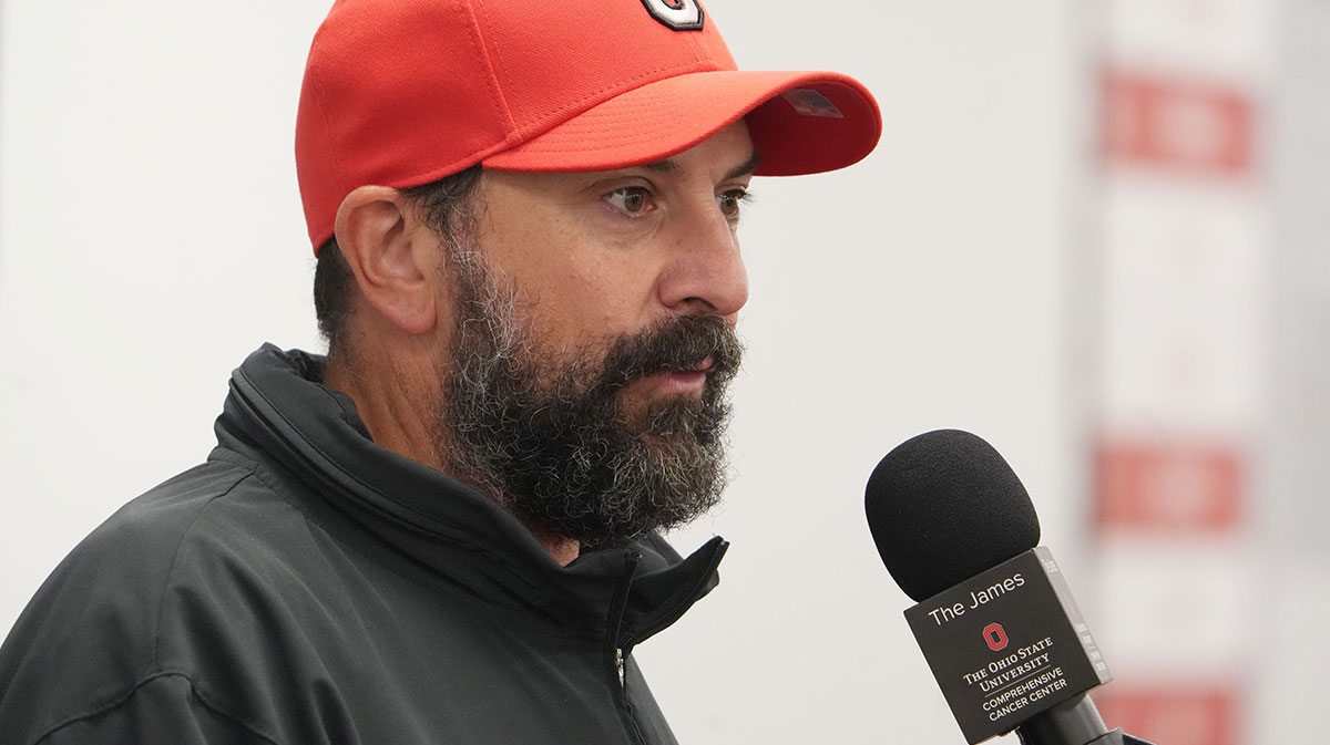Ohio State football defensive coordinator Matt Patricia answers a question during the Ohio State football coaches news conference August 18, 2025 at the Woody Hayes Athletic Center in Columbus, Ohio. Coaches answering questions were Ryan Day, Matt Patricia and Brian Hartline.
