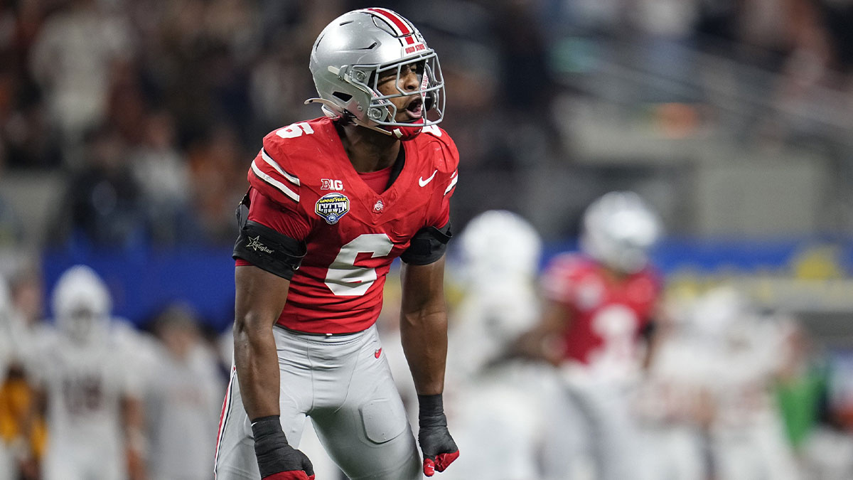 Ohio State Buckeyes safety Sonny Styles (6) celebrates a defensive stop during the first half of the Cotton Bowl Classic College Football Playoff semifinal game against the Texas Longhorns at AT&T Stadium in Arlington, Texas on Jan. 10, 2025.
