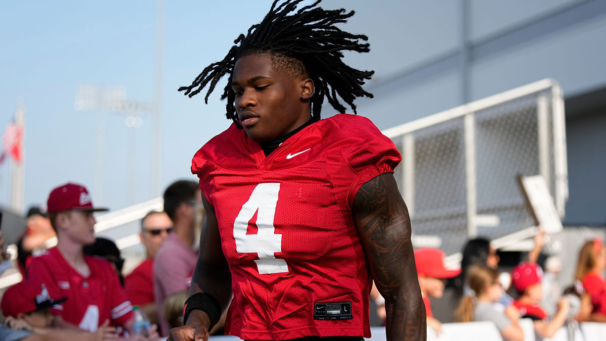 Ohio State Buckeyes wide receiver Jeremiah Smith (4) takes the field for football training camp at the Woody Hayes Athletic Center on Aug. 1, 2025.