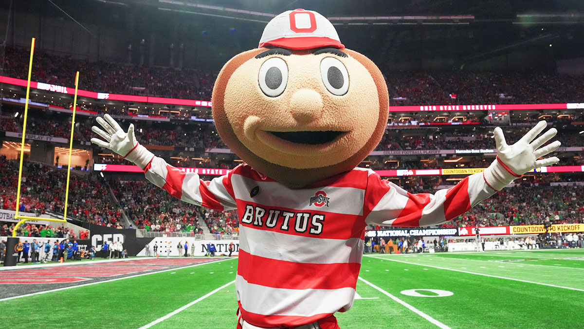 Ohio State Buckeyes mascot performs before the CFP National Championship college football game against the Notre Dame Fighting Irish at Mercedes-Benz Stadium.