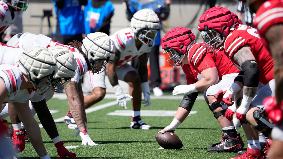 The Scarlet team takes on Gray team during the Ohio State football spring game at Ohio Stadium on April 12, 2025.