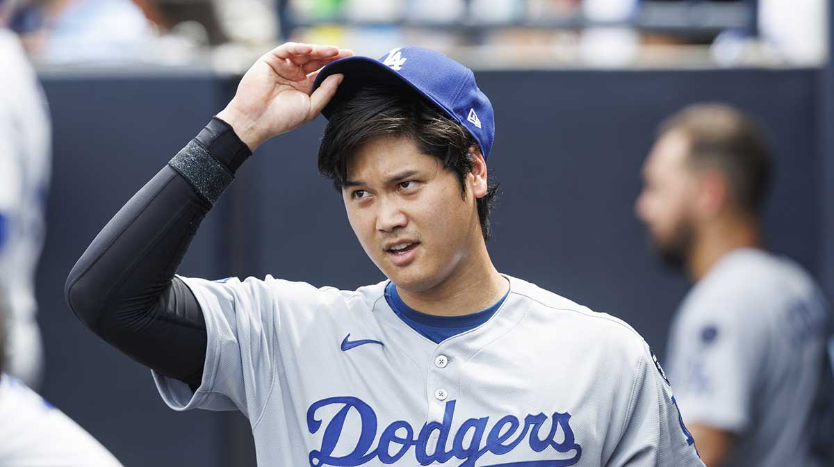 Los Angeles Dodgers designated hitter Shohei Ohtani (17) after striking out against the Tampa Bay Rays during the ninth inning at George M. Steinbrenner Field.