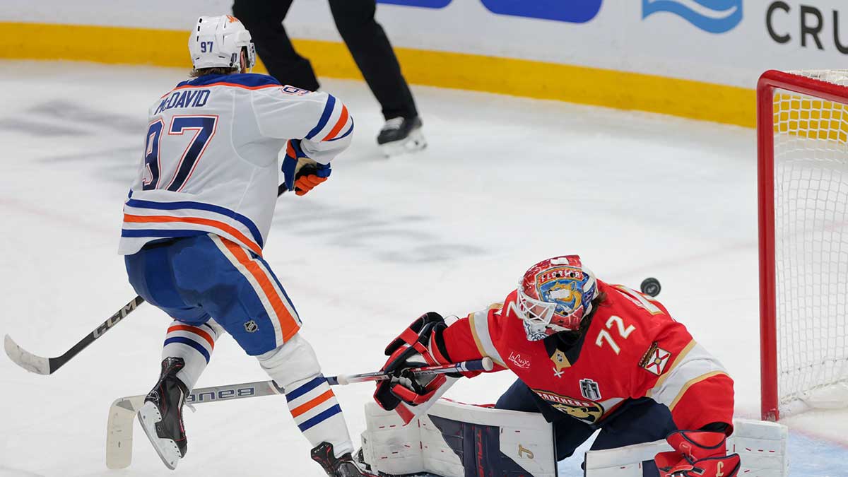 Florida Panthers goaltender Sergei Bobrovsky (72) makes a save of a shot by Edmonton Oilers center Connor McDavid (97) during the third period in game six of the 2025 Stanley Cup Final at Amerant Bank Arena.