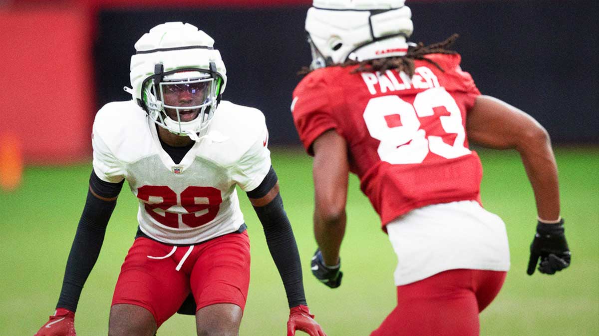 Arizona Cardinals cornerback Michael Ojemudia (29) drops back at training camp on Aug. 2, 2024 at State Farm Stadium in Glendale.