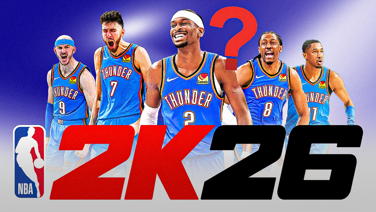 Shai Gilgeous-Alexander, Jalen Williams, Chet Holmgren, Alex Caruso, and Aaron Wiggins in Thunder jersey with the 2k26 logo at the top with a single question mark. Oklahoma City Thunder NBA 2K26 ratings that are 100% wrong