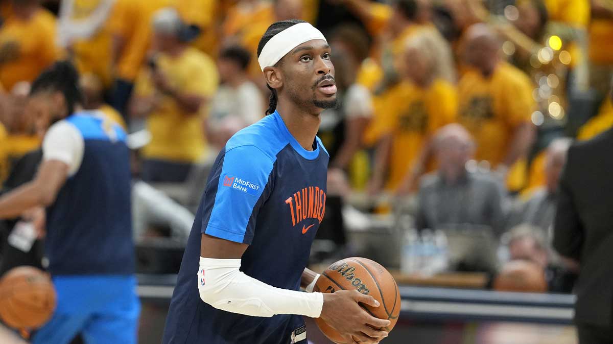Oklahoma City Thunder guard Shai Gilgeous-Alexander (2) warms up before game six of the 2025 NBA Finals between the Oklahoma City Thunder and the Indiana Pacers at Gainbridge Fieldhouse.