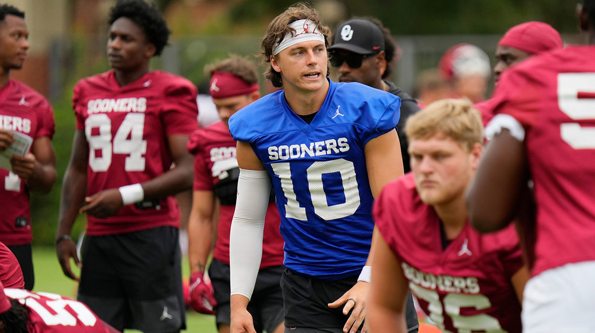 Quarterback John Mateer calls signals at the University of Oklahoma (OU) first fall open football practice, Friday, Aug. 1, 2025.