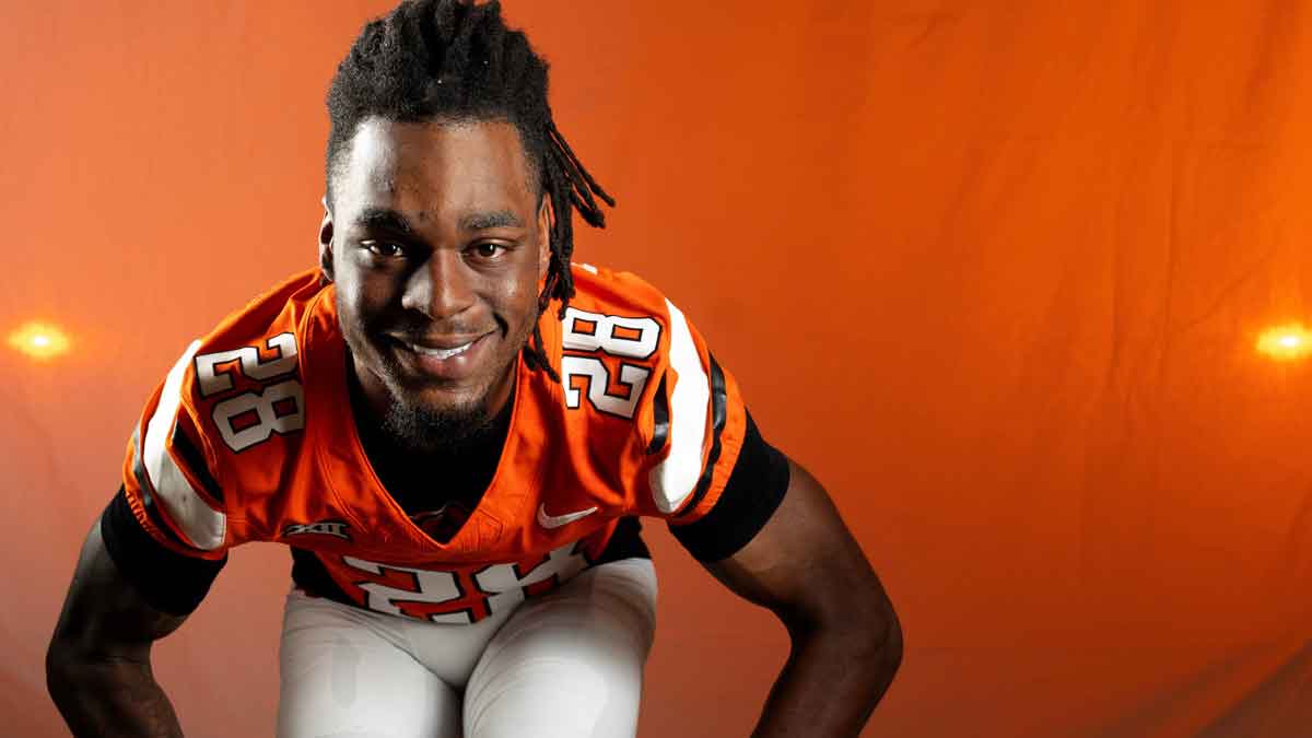 Oklahoma State safety Zaquan Patterson poses for a photograph during the Oklahoma State Cowboys football media days in Gallagher-Iba Arena in Stillwater, Oklahoma, Saturday, Aug., 2, 2025.