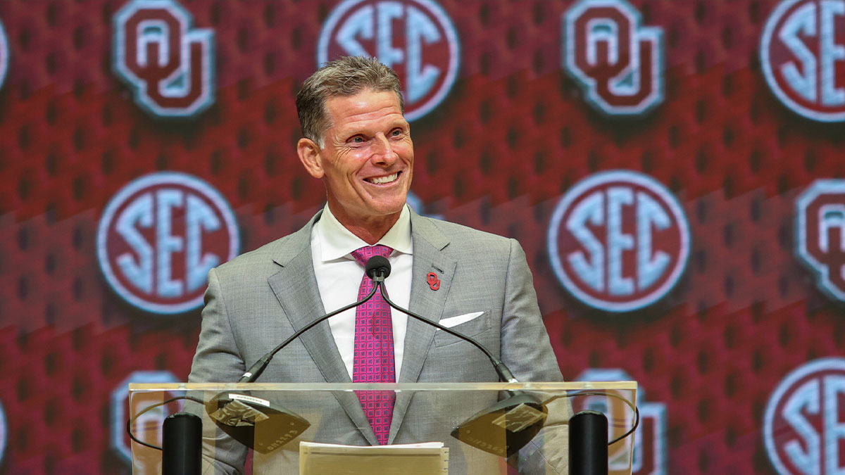 Oklahoma Sooners head coach Brent Venables talks to the media during the SEC Media Days at Omni Atlanta Hotel.