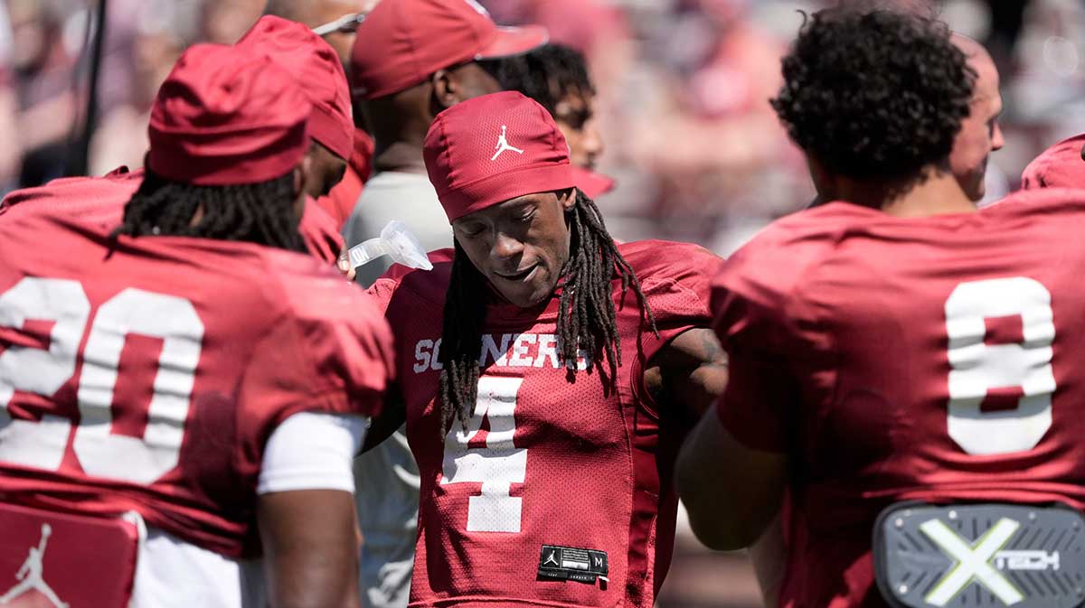 Oklahoma's Deion Burks reacts after the University of Oklahoma Sooners Crimson Combine at Gaylord Family - Oklahoma Memorial Stadium in Norman, Okla., Saturday, April, 12, 2025.