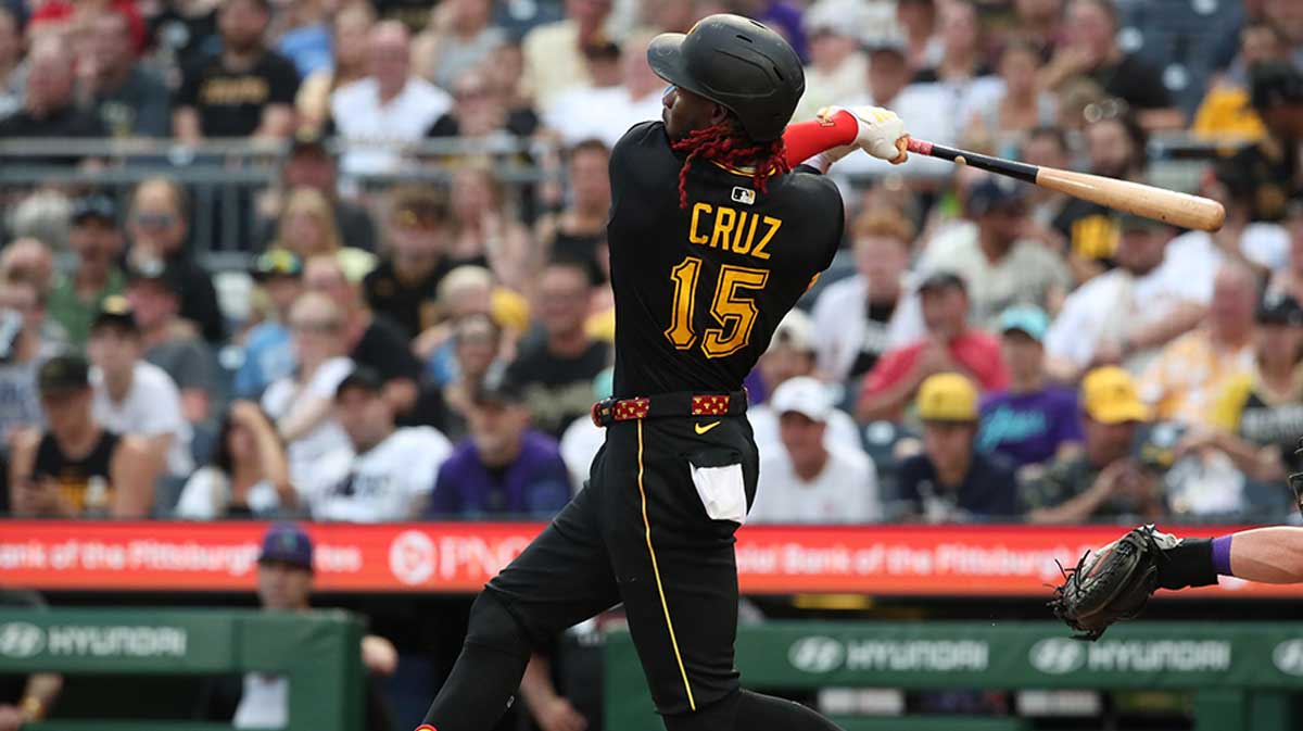 Jul 26, 2025; Pittsburgh, Pennsylvania, USA; Pittsburgh Pirates center fielder Oneil Cruz (15) hits a two run home run against the Arizona Diamondbacks during the second inning at PNC Park.