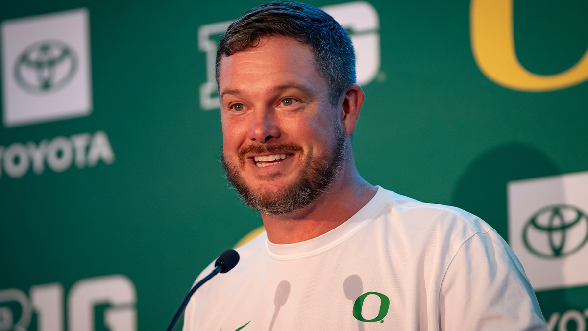 Oregon coach Dan Lanning speaks during Oregon football’s Media Day at Autzen Stadium in Eugene.