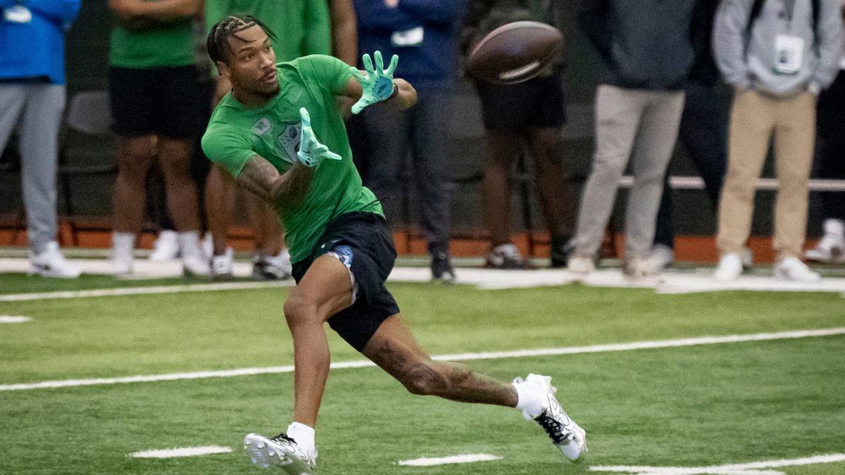 Oregon wide receiver Tez Johnson catches a pass during the Oregon football’s Pro Day Tuesday, March 18, 2025, at the Moshofsky Center in Eugene, Ore.