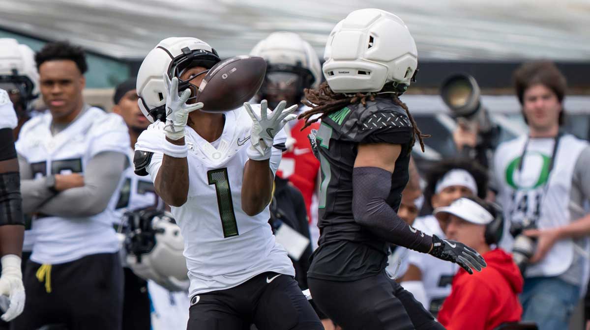 Fighting Ducks wide receiver Dakorien Moore catches a pass as the Fighting Ducks face off against Mighty Oregon in the Oregon Ducks spring game on April 26, 2025, at Autzen Stadium in Eugene.