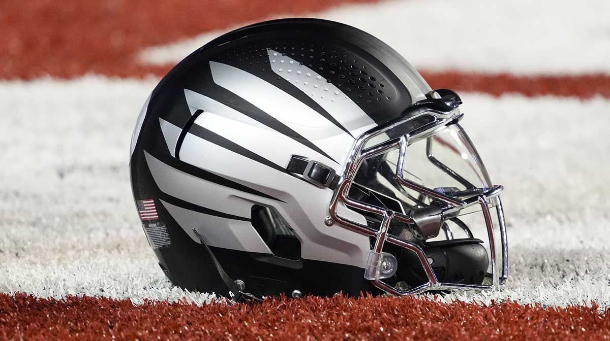 General view of a Oregon Ducks helmet during warmups prior to to the game against the Wisconsin Badgers at Camp Randall Stadium.