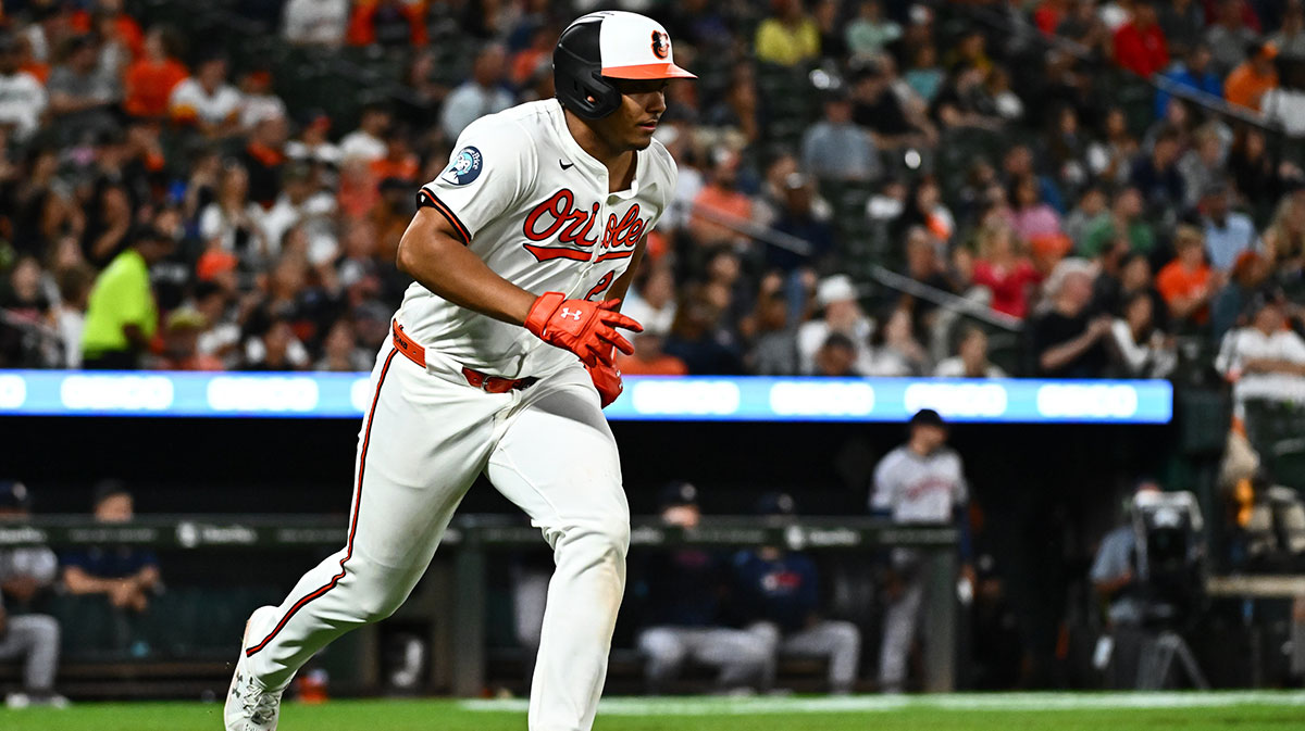 Baltimore Orioles catcher Samuel Basallo (29) singles during the sixth inning against the Houston Astros at Oriole Park at Camden Yards.
