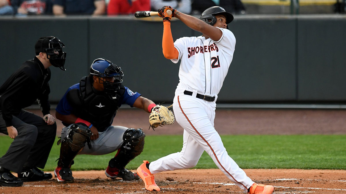Shorebirds' Samuel Basallo (21) swings in the game against the Cannon Ballers Tuesday, April 11, 2023, at Perdue Stadium in Salisbury, Maryland. The Shorebirds defeated the Cannon Ballers 7-2. Bbm Delmarva Shorebirds Kannapolis Cannon Ballers
