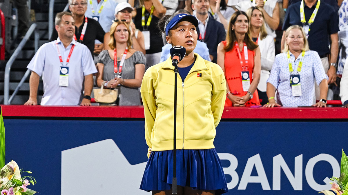 Runner up Naomi Osaka (JPN) adresses the crowd after her loss against Victoria Mboko (CAN) at IGA Stadium.