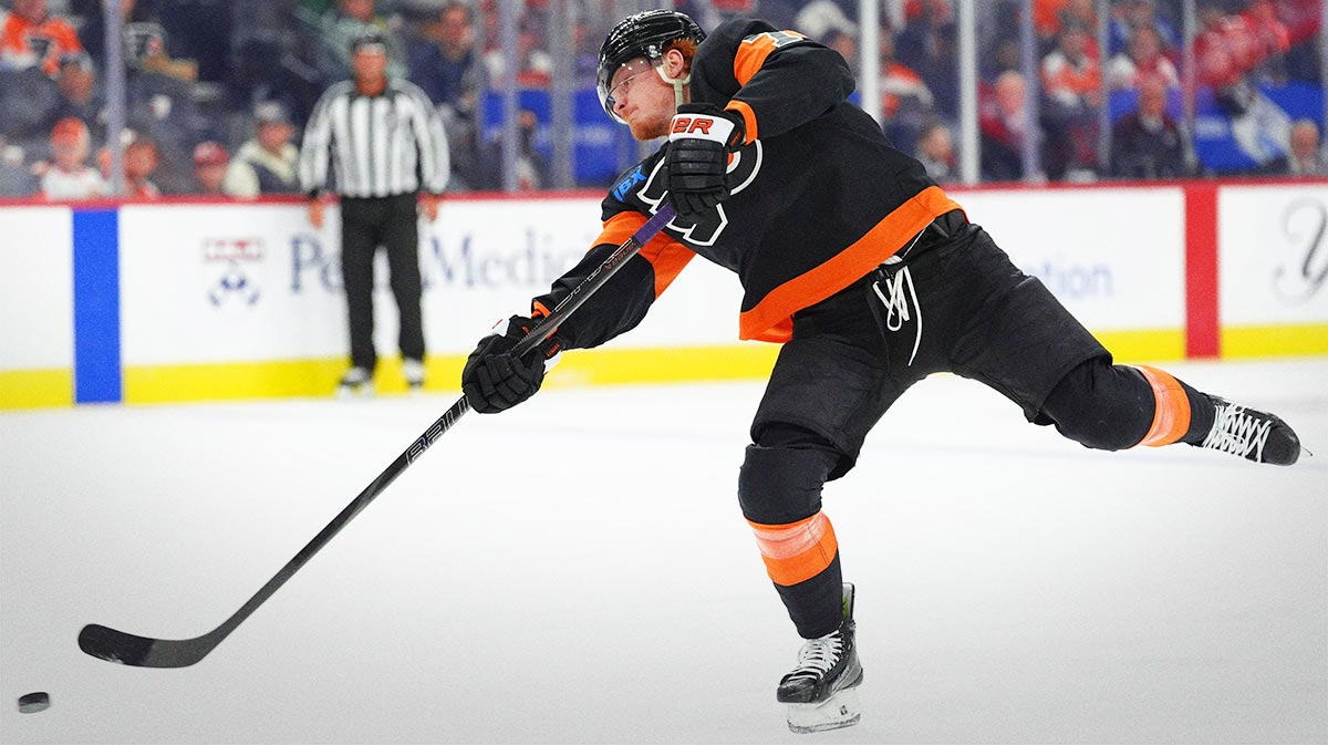 Philadelphia Flyers right wing Owen Tippett (74) shoots the puck against the New York Islanders in the second period at Wells Fargo Center.