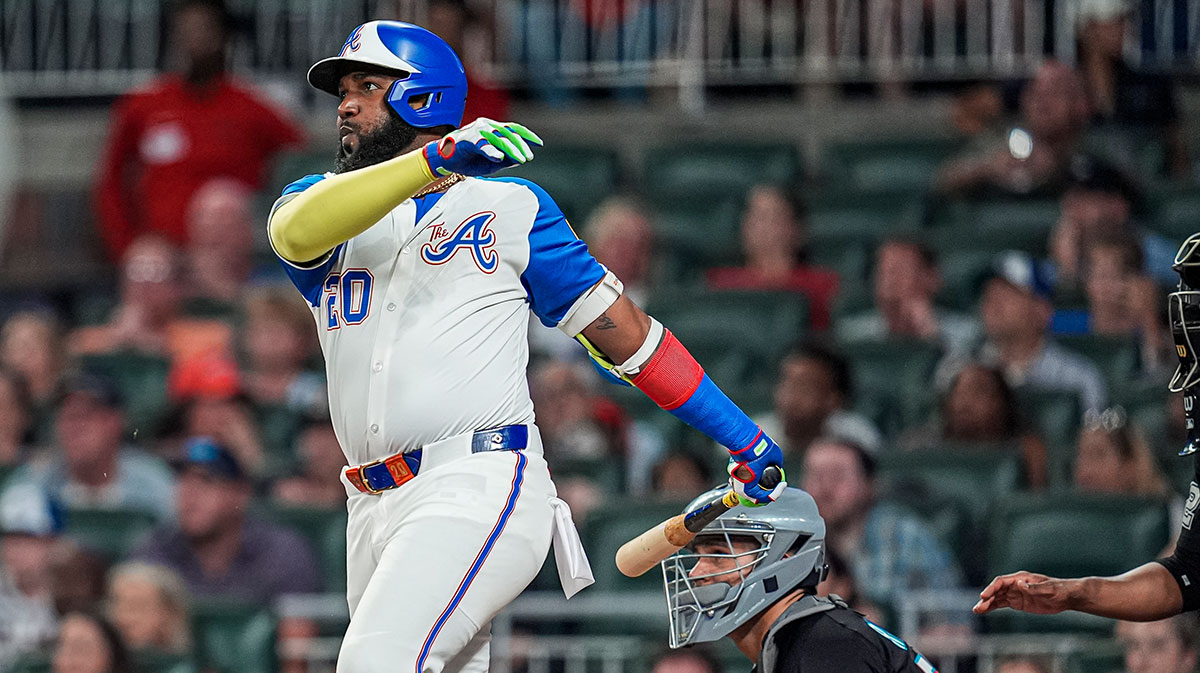 Atlanta Braves designated hitter Marcell Ozuna (20) bats against the Miami Marlins during the sixth inning at Truist Park.