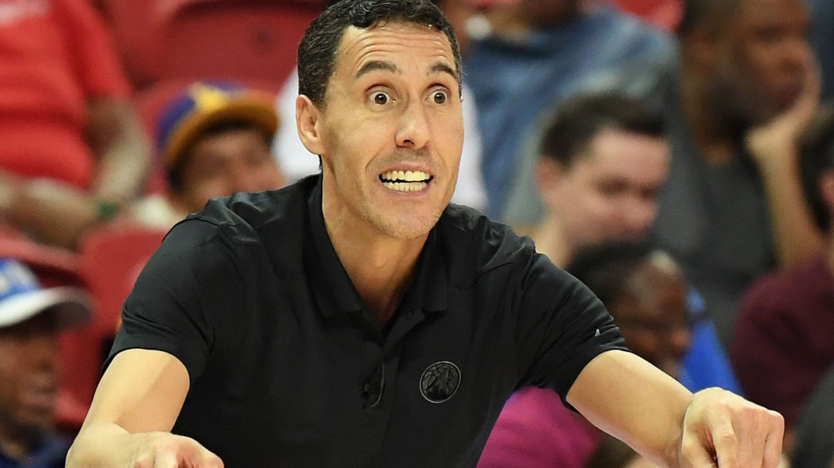 Minnesota Timberwolves Summer League head coach Pablo Prigioni yells to his team during an NBA Summer League game against the Brooklyn Nets at Thomas & Mack Center.