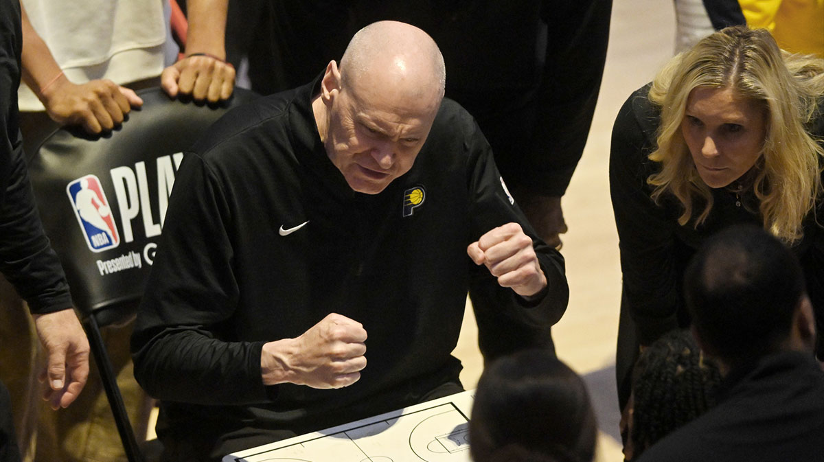 Indiana Pacers head coach Rick Carlisle reacts during a timeout in the fourth quarter during game two of the second round of the 2025 NBA Playoffs against the Cleveland Cavaliers at Rocket Arena.