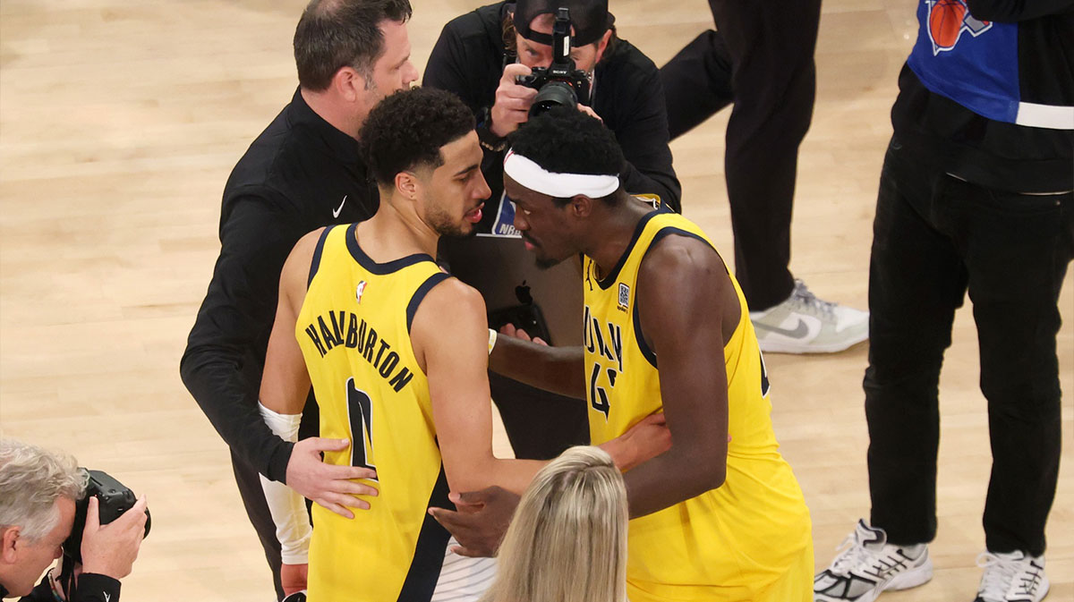 Pacers guard Tyrese Haliburton (0) and forward Pascal Siakam (43) embrace after defeating the New York Knicks in game two of the eastern conference finals for the 2025 NBA Playoffs at Madison Square Garden