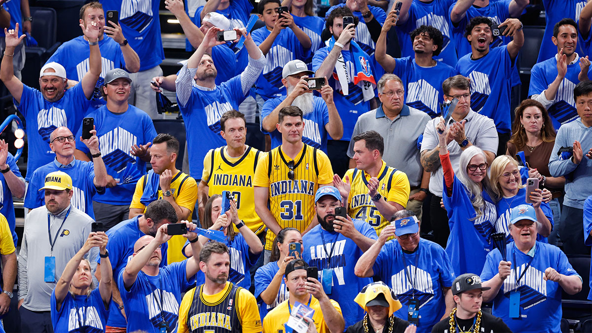 Indiana Pacers fans look on during the fourth quarter against the Oklahoma City Thunder in game seven of the 2025 NBA Finals at Paycom Center.